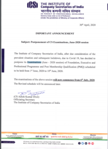 Read more about the article Postponement of CS Examinations, June-2020 session